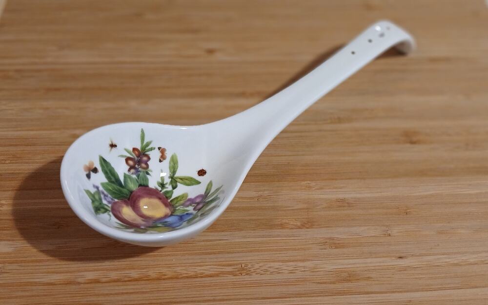 Tureen or Soup Ladle White Porcelain Ceramic Peaches Olives Butterfly Plum